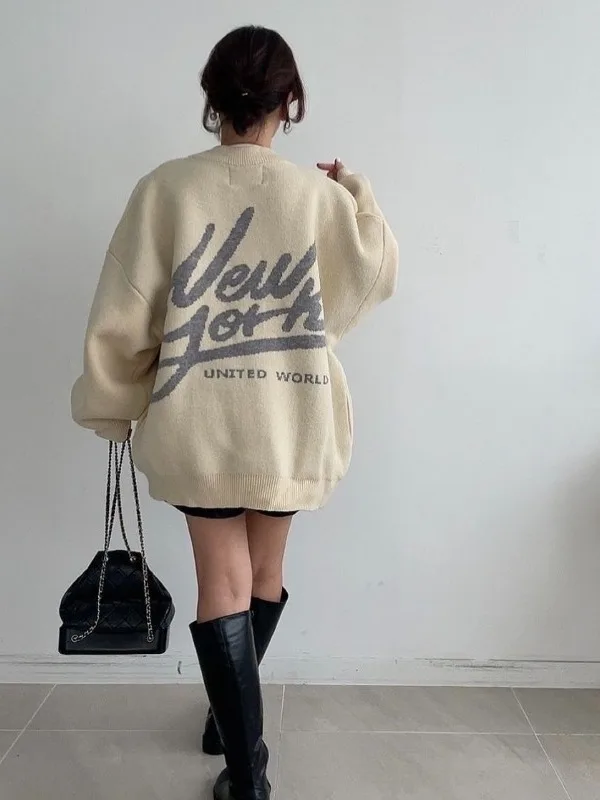 Chic Vintage Autumn Long Sve Knitted Jaet Women's Loose Fit Letter Print Design k Button Street Sle Outerwear
