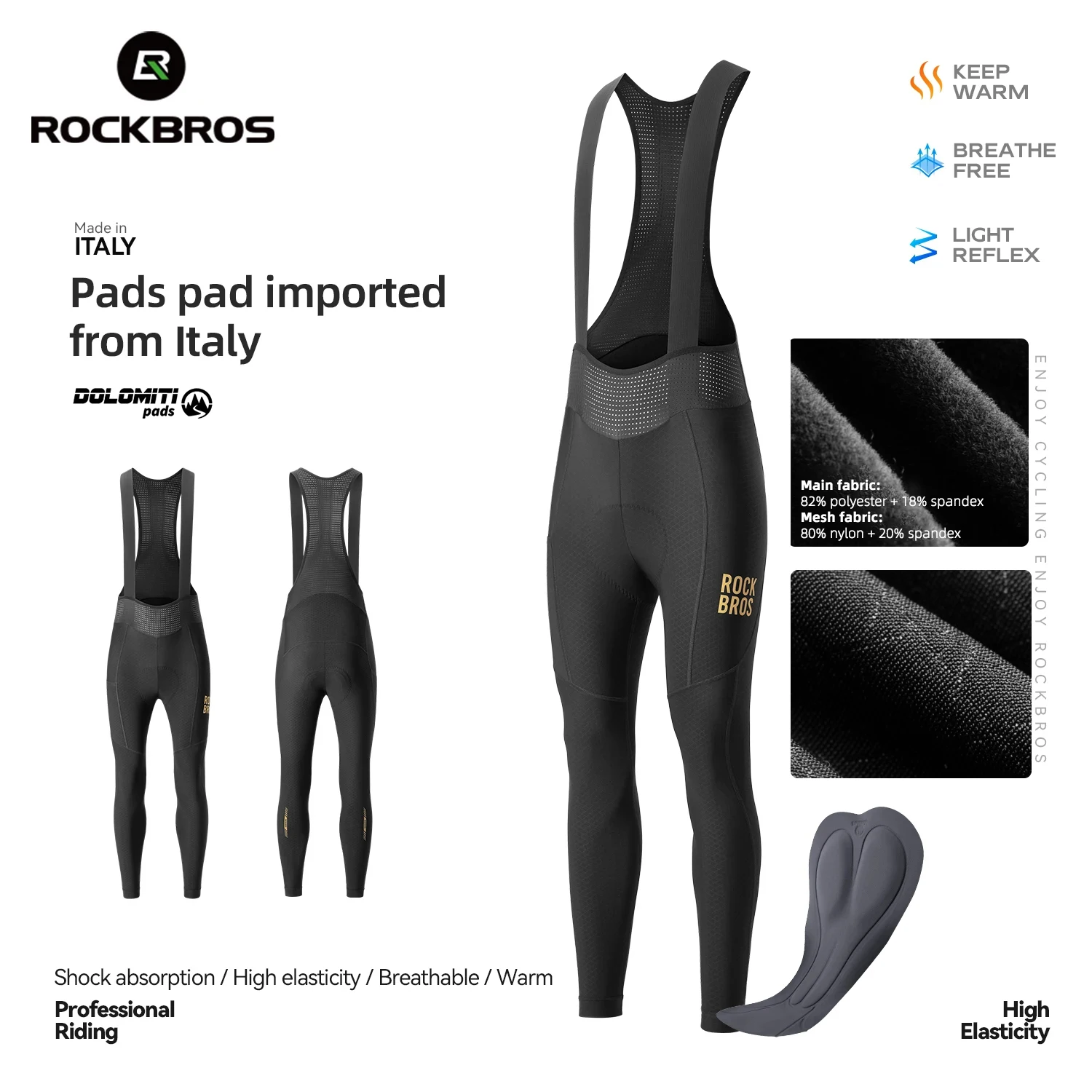

ROCKBROS Winter Cycling Bib Pants Windproof Warm Thermal Fleece Cycling Trousers High Elastic Soft Cushion Pad Men Cycling Pants