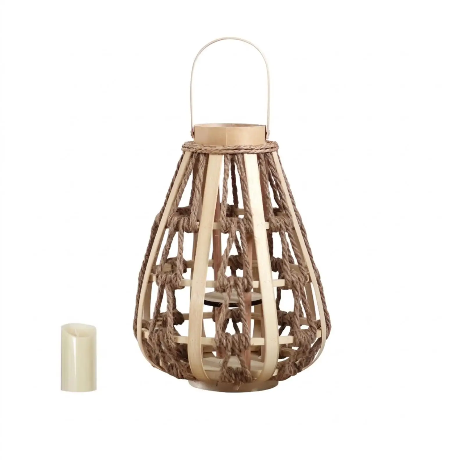Natural Wood Rope Lantern Candle Holder Handmade Teardrop Design Bamboo Frame Rustic Decor for Home Shelf Tabletop Patio Outdoor