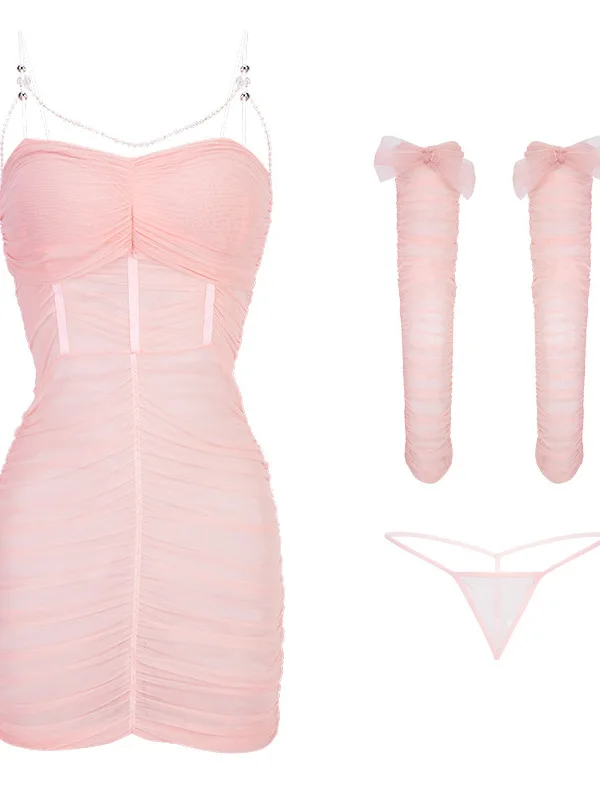 V-Ausschnitt Mesh schiere Sexy Hängegurt Wrap Hüfte transparent weiches Garn mit Brustkissen Brustkette Schlafkleid elegant B5HG