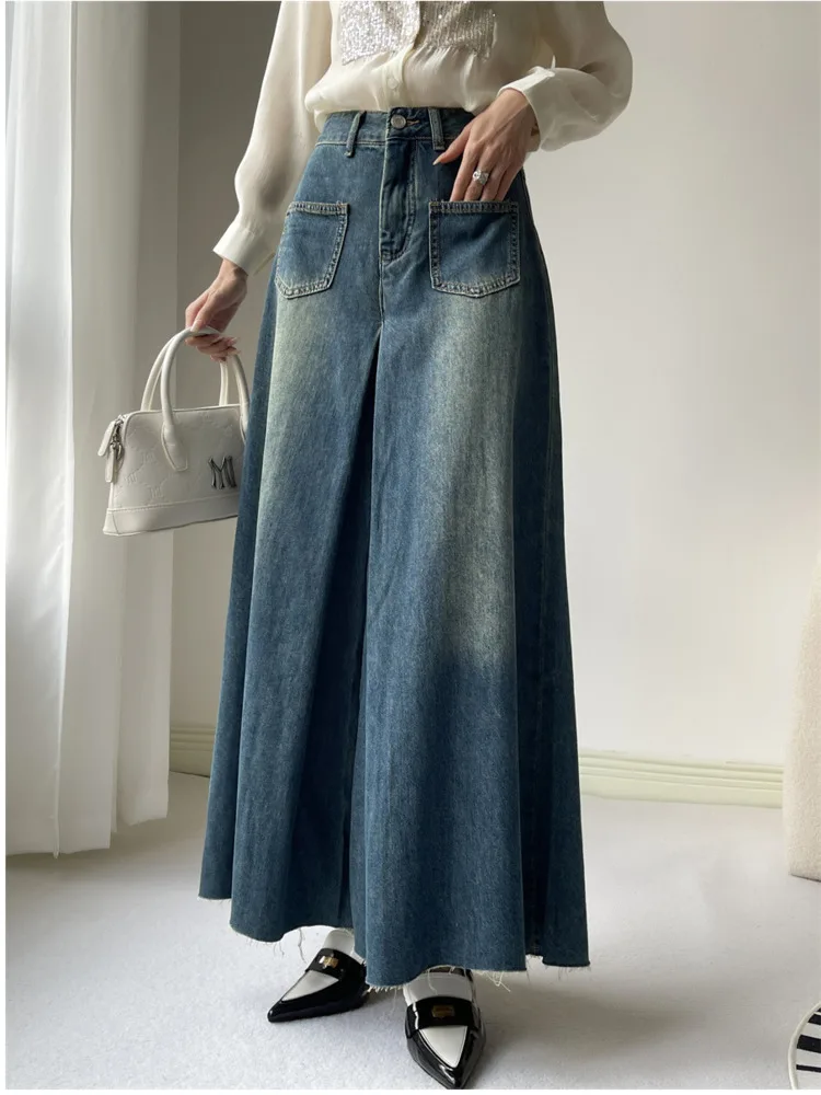 Fashionable Retro Loose Large Wide Leg Jeans Women's 2024 Spring Autumn New Hip Covering Design Modern Pants