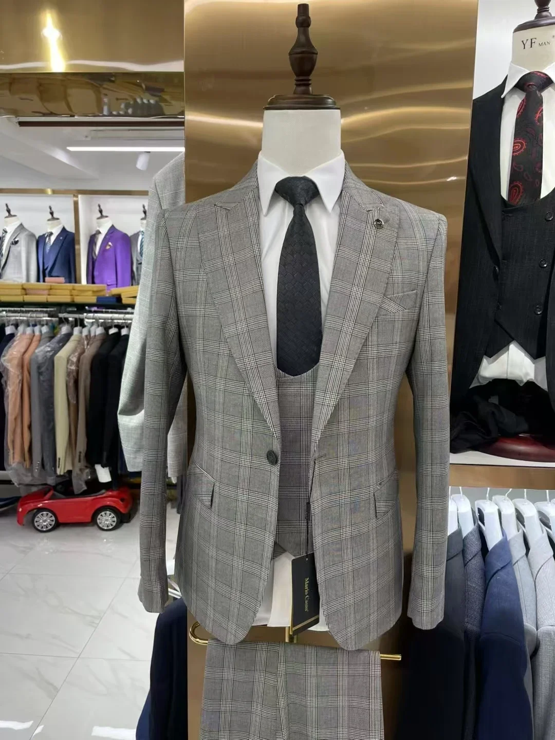 Traje Formal de 3 piezas para hombre, traje de boda a cuadros grises, ropa para hombre, 2024