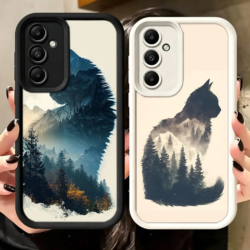Forest and Cat Phone Case For Samsung A17 A57 A56 A55 A27 A16 A26 A36 A15 A25 A35 A05S A06 A07 Galaxy M15 M16 M23 M34 M36 M54 No