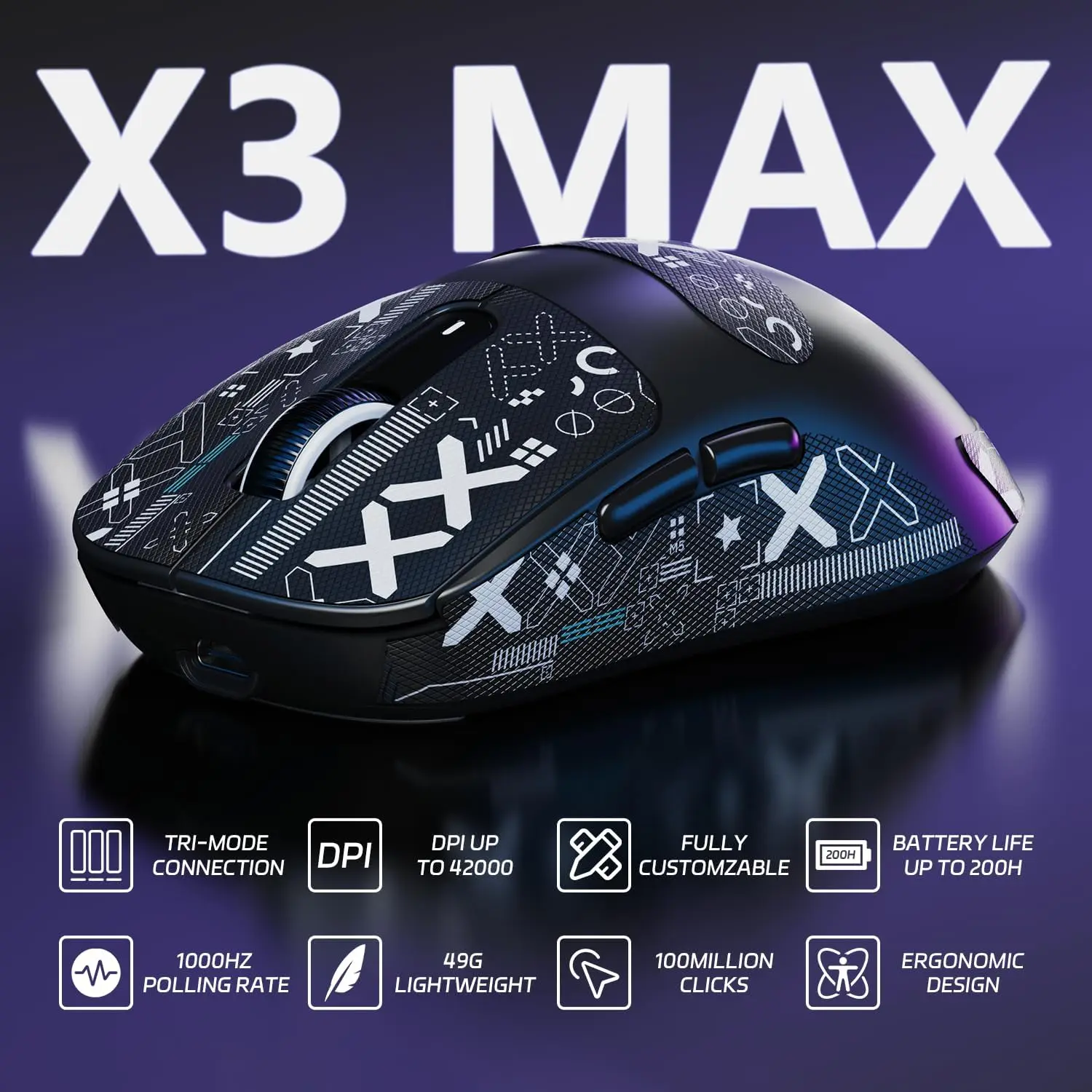 ATTACK SHARK X3MAX Wireless Gaming Mouse,PixArt PAW3950 Gaming Sensor,Up to 42000 DPI, 49g Lightweight Tri-Mode