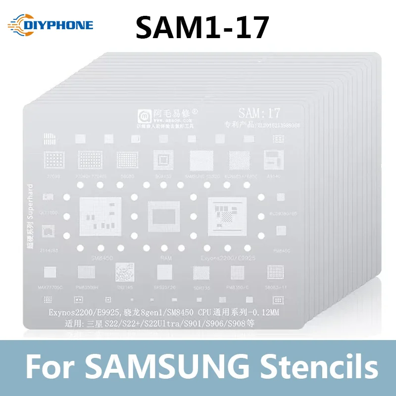 Набор трафаретов AMAOE SAM 1-17 BGA для SAMSUNG S8 S21 S22 Ultra NOTE10 A53 A536 J5 J4 0,12 мм, Оловянная стальная сетка для процессора