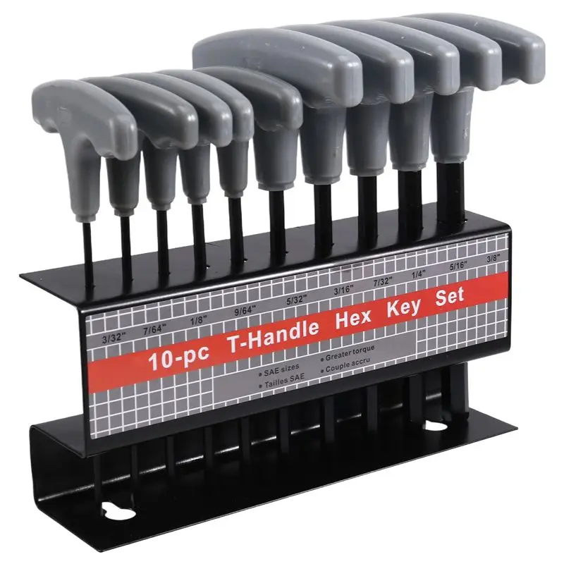 

Специальное предложение: Набор из 10 шестигранных ключей с Т-образной рукояткой, дюймовые размеры 3/32–3/8 дюйма, с подставкой для хранения, для авторемонта