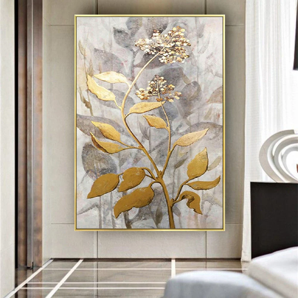 

New Arrivals Luxury Murals Hand-Painted Golden Leaf Pattern Abstract Oil Painting Large Canvas Poster Decor Living Room Wall Art