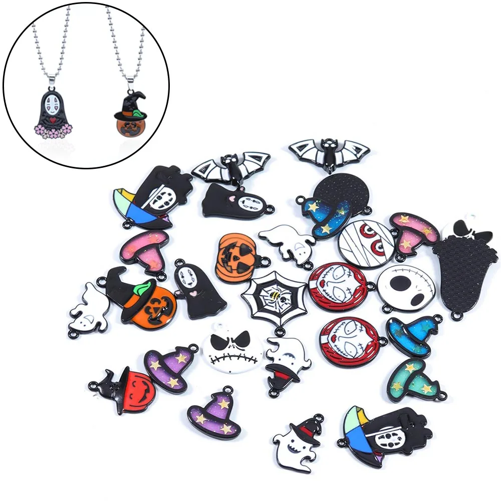 10Pcs/Lot Alloy Enamel Charm Cartoon Ghost Bat Halloween Pendant For DIY Crafts Ornament Making  Keychain Finding Accessories