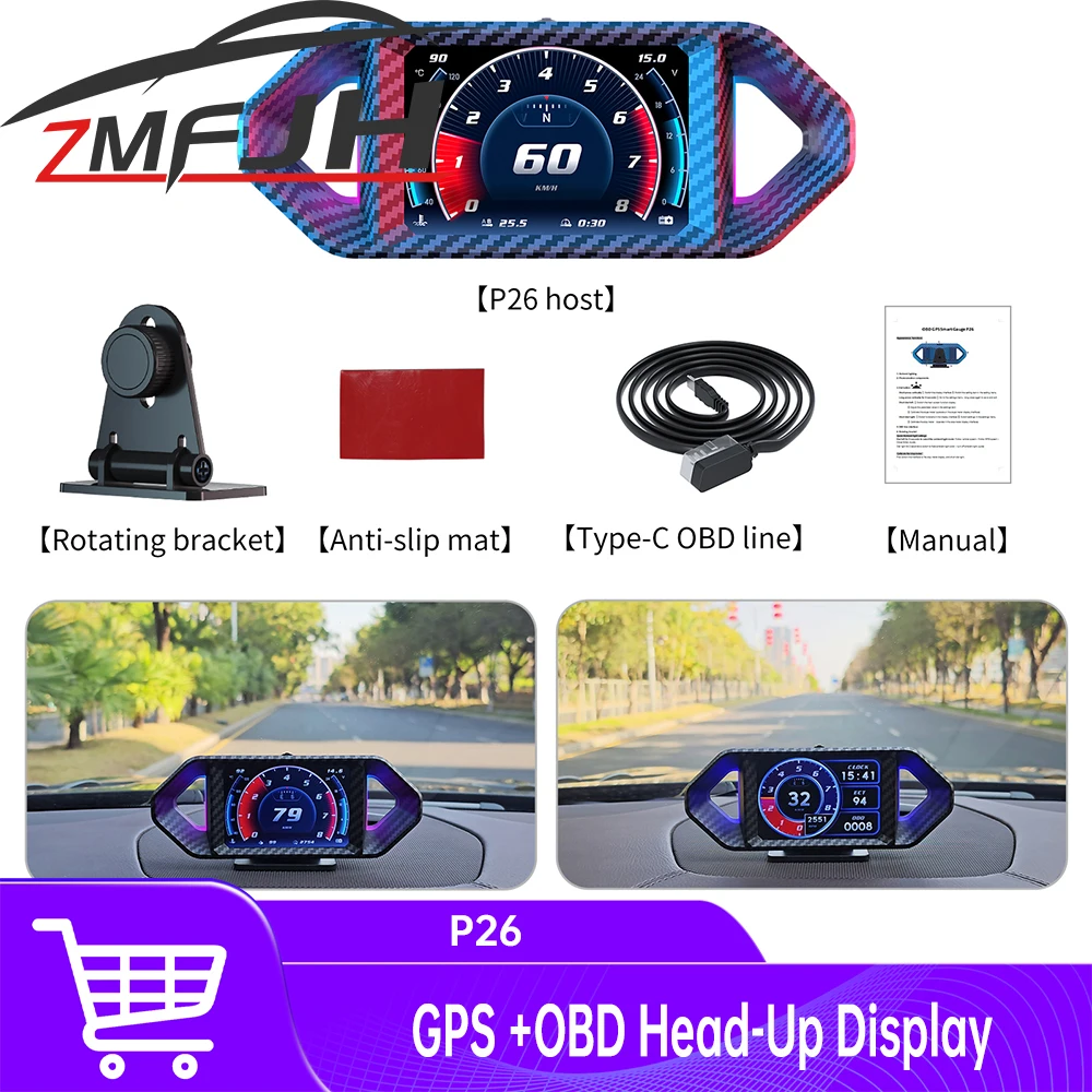 

Multi-function P26 Dual System Car EOBD Smart For HUD Speedometer Tachometer Water Temp Boost Gauge with overspeed alarm