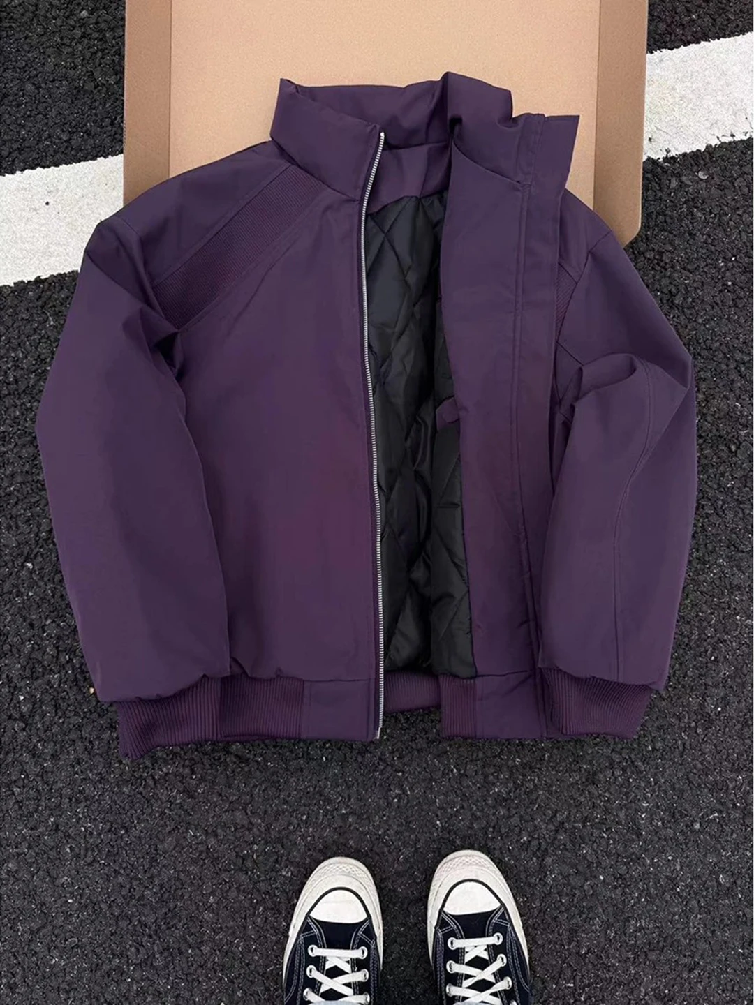 

Purple American Style Short Cotton Jacket Men's Autumn Winter Slanted Cut Quilted Ball Game Cleanfit Silhouette Cotton Coat