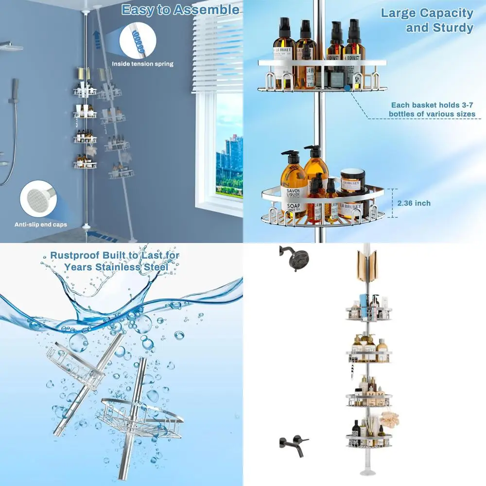 

Угловая кабина для душа в ванной комнате с 4 корзинами, органайзер натяжной штангой, регулируемая вешалка для полотенец размером 23,6–114,5 дюйма (серебристая)