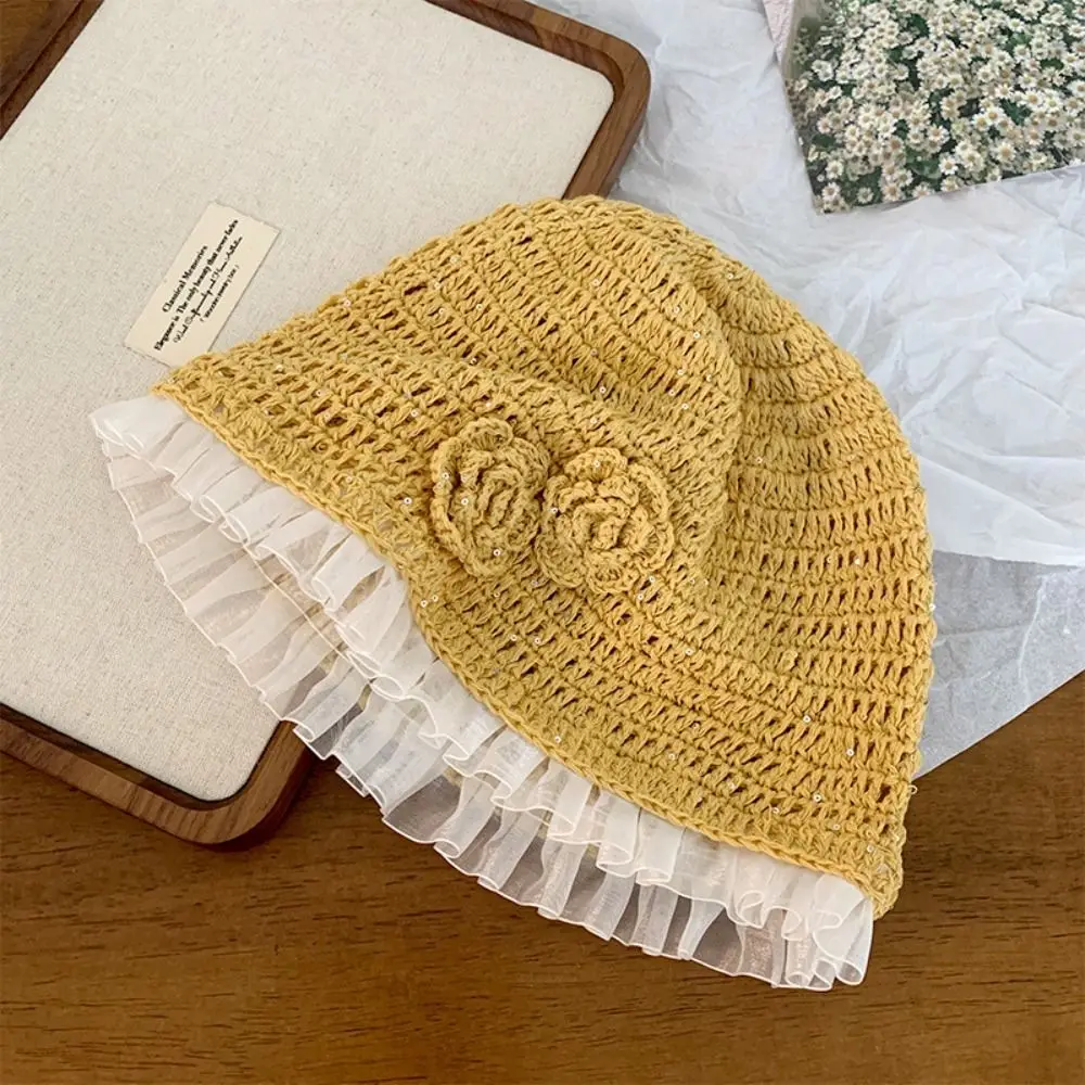 Милая вязаная крючком шапка с цветком ручной работы, блестящая кружевная шапка-бини, ажурная тонкая вязаная шапка с блестками, уличная