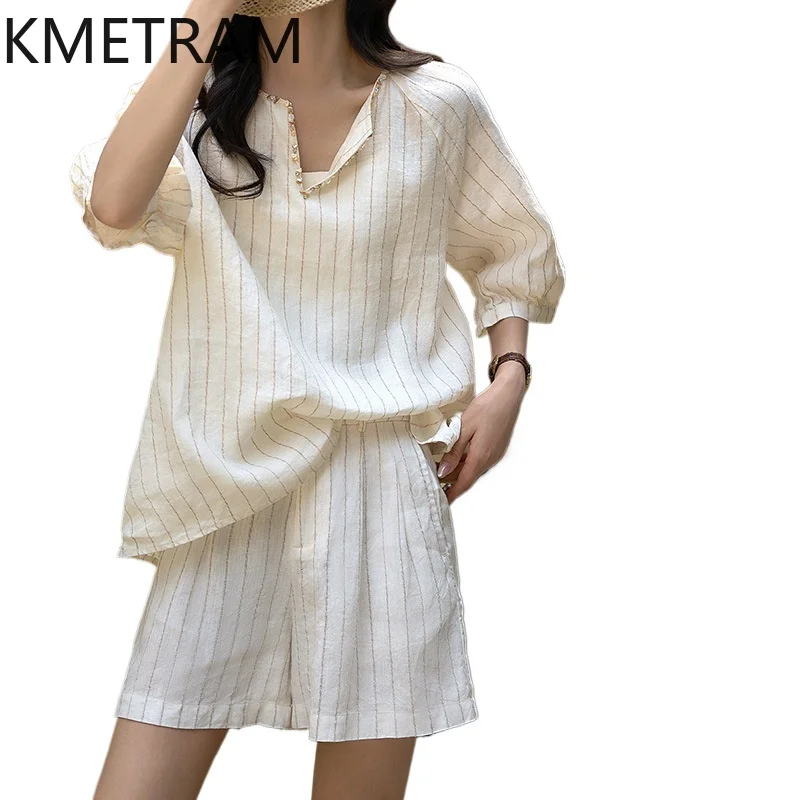 

KMETRAM 80.3% Linen Women T Shirts Elegant V-Neck Striped Tops for Woman Casual Loose T Shirt New Summer Clothes 2026 топженский