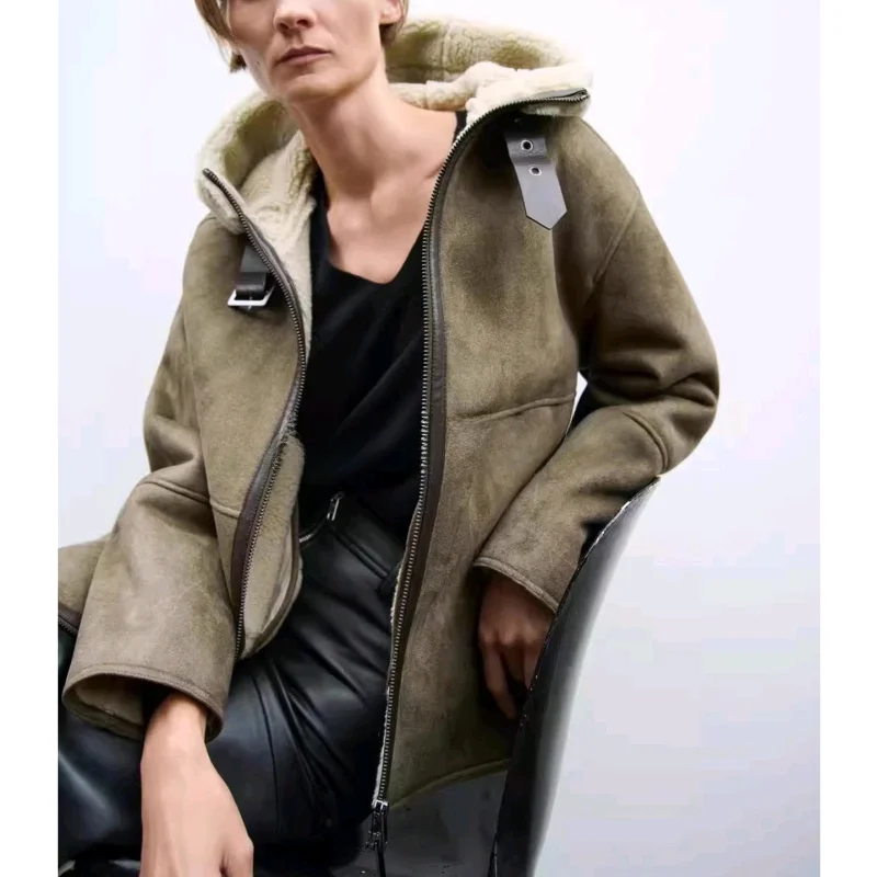 سترة شتوية نسائية بسيطة ذات وجهين من الفرو والجلد مع سحاب وغطاء رأس وأكمام طويلة، ملابس خارجية فضفاضة بغطاء رأس غير قابل للإز... #3