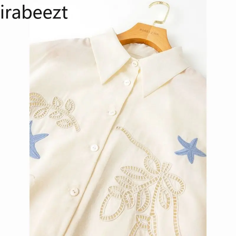 

Summer Vintage Embroidery Casual Set Women's Fashion Loose Shirt & Shorts 2-Piece Outfit Korean Streetwear Beach Holiday Clothes