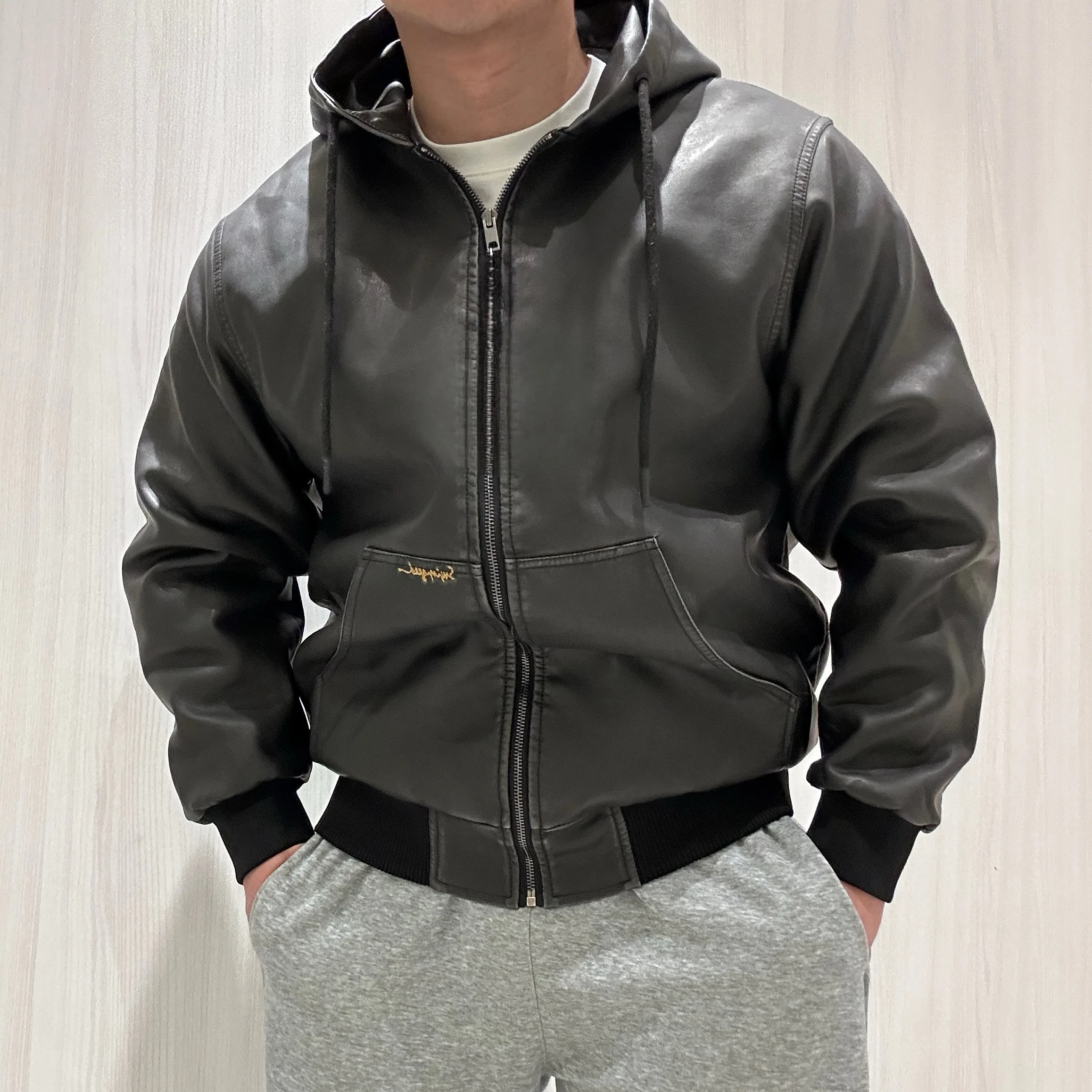 

Retro American PU Leather Cotton Jaet Men's Winter Thiened Coat Hooded Loose Detroit Sle Workwear Outerwear