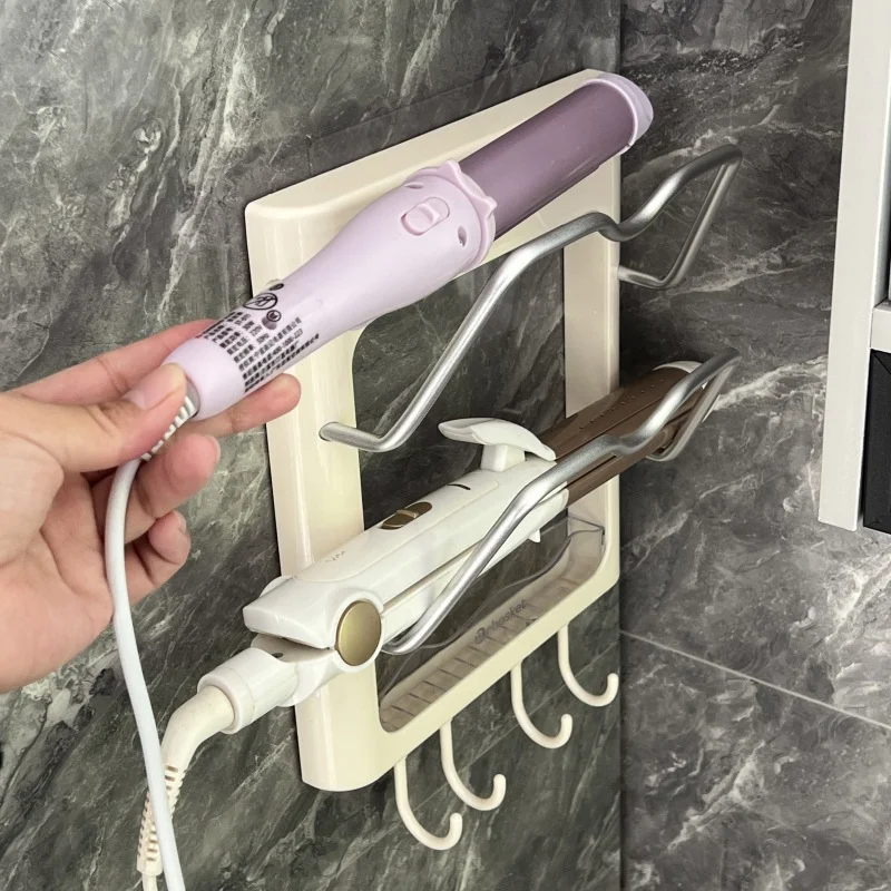 

1pc Wall-Mounted Hairdryer & Curling Iron Storage Rack, No-Drill Installation, Bathroom/Bedroom Countertop Holder With Hook