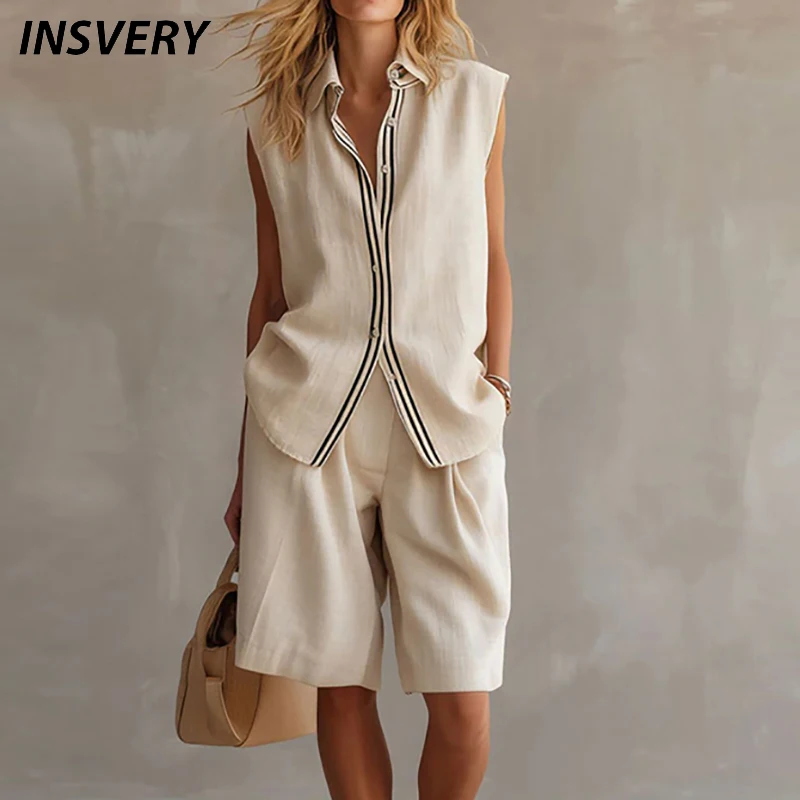 

Summer Casual Turn Down Collar Striped Patchwork Button Shirt Blouse Elastic Waist Short Suit Women Fashion Two Piece Set
