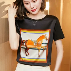 2024 New Summer Silk Satin Short-sleeved T-shirt Women's Printed Korean Version All-match Thin Satin Top Fashion Women T-shirt