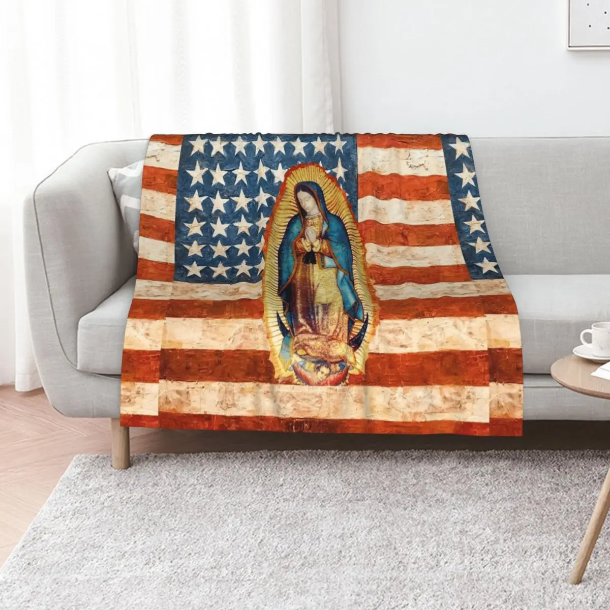 

Our Lady of Guadalupe Mexican Virgin Mary USA United States Flag Mexico Catholic Throw Blanket Warm warm winter Thin Blankets