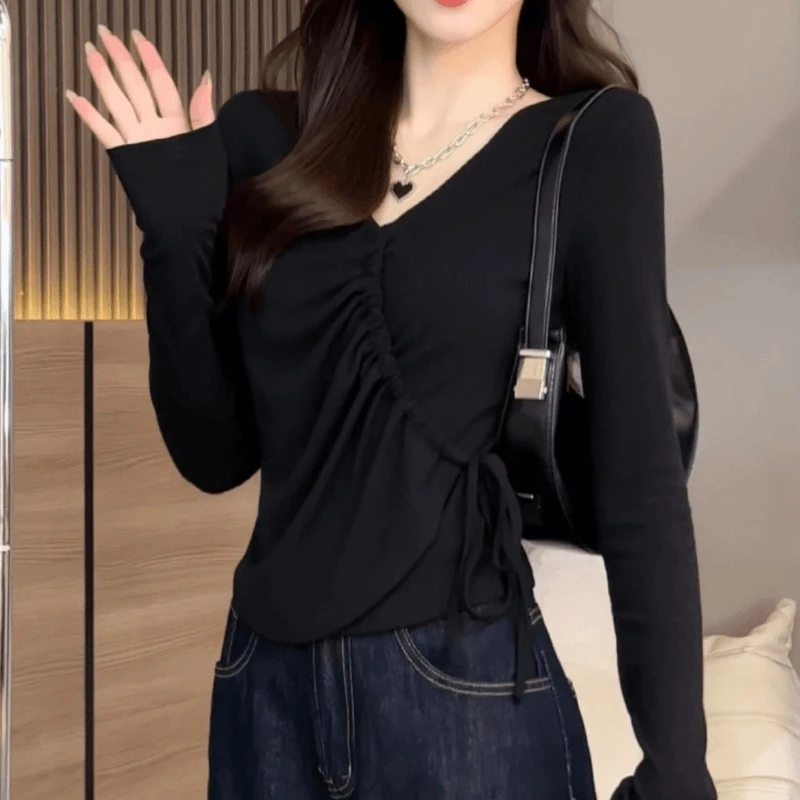 Spring Autumn Long Sleeve V Neck Pleated Office T Shirts Fashion Korean Women Clothing Plus Size Bandage Irregular Casual Tops
