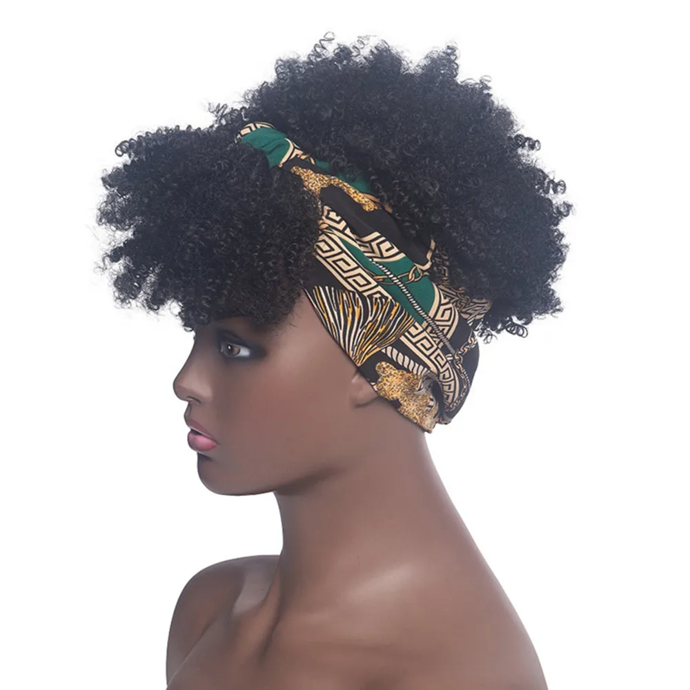 สังเคราะห์สั้น Kinky Curly วิกผม Afro พัฟ Curly สําหรับผู้หญิงธรรมชาติ Turban Wrap วิกผมคอสเพลย์ทุกวันวิกผมทนความร้อน