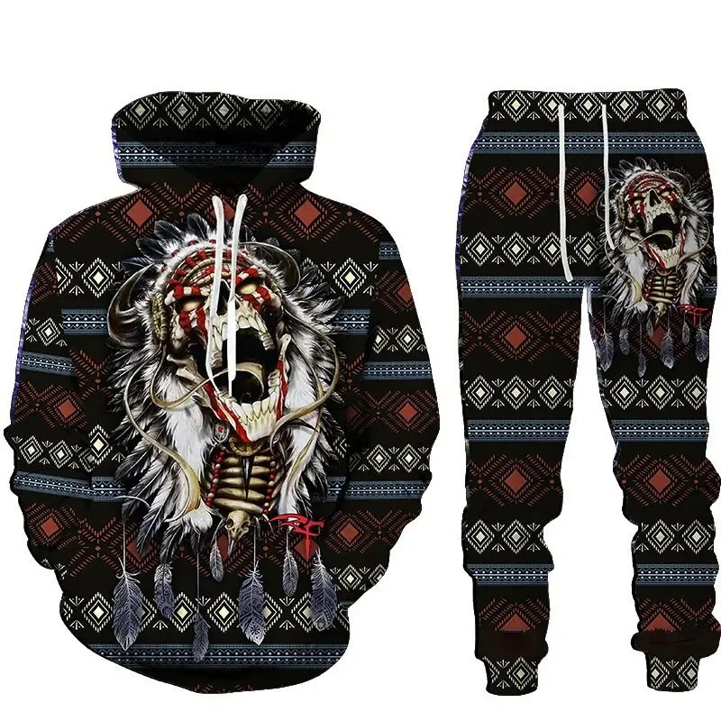 Autumn Fashion Gothic Skull 3D Printed Hoodie Suit Men Sweatshirts Sweatpants Casual Two Piece Tracksuit Set Men\'s Clothing