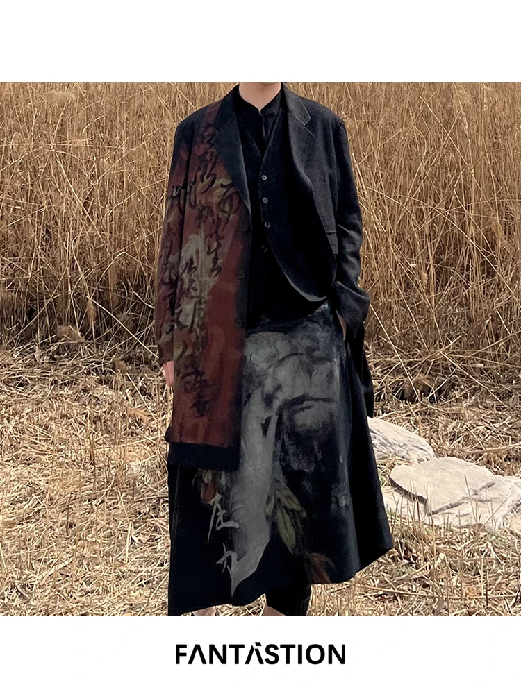 

FANTASTION Original design Chinese-style calligraphy Cowboy jacket unisex vintage casual overcoat suit jackets autumn and winter