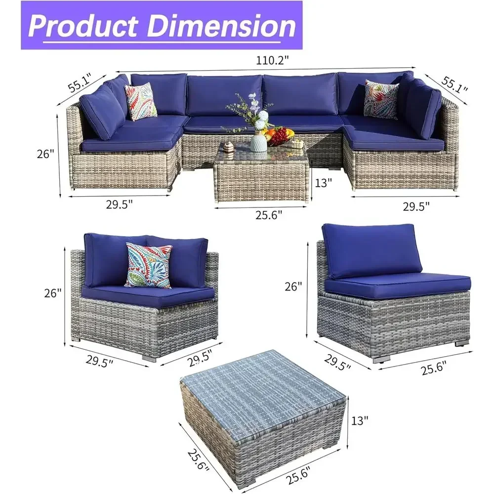 7-Piece Navy Blue Outdoor Sectional with Waterproof Cover, Patio Furniture Set with Coffee Table, Sectional Sofa with Cushions f