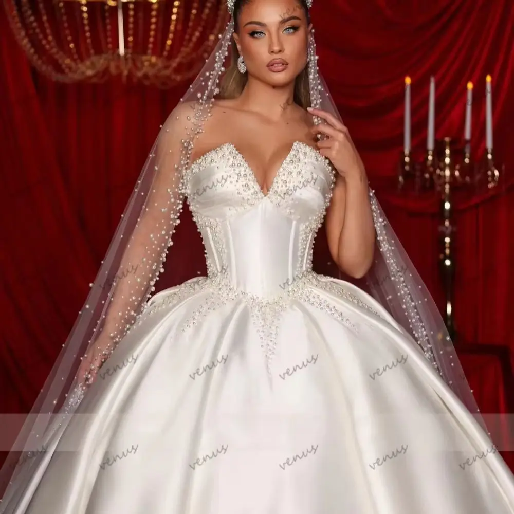 Vintage Wedding Dresses Satin Bridal Gowns Pearl Decoration Robes For Formal Party свадебное платье Vestidos De Novia Customized