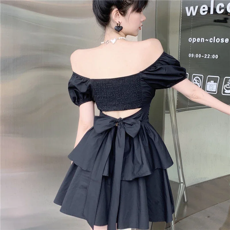 GIDYQ Sexy Backless Hollow Out Mini Dress Women Sweet Bow Square Collar Off Shoulder Slim Dress Korean Fashion Casual Chic Dress