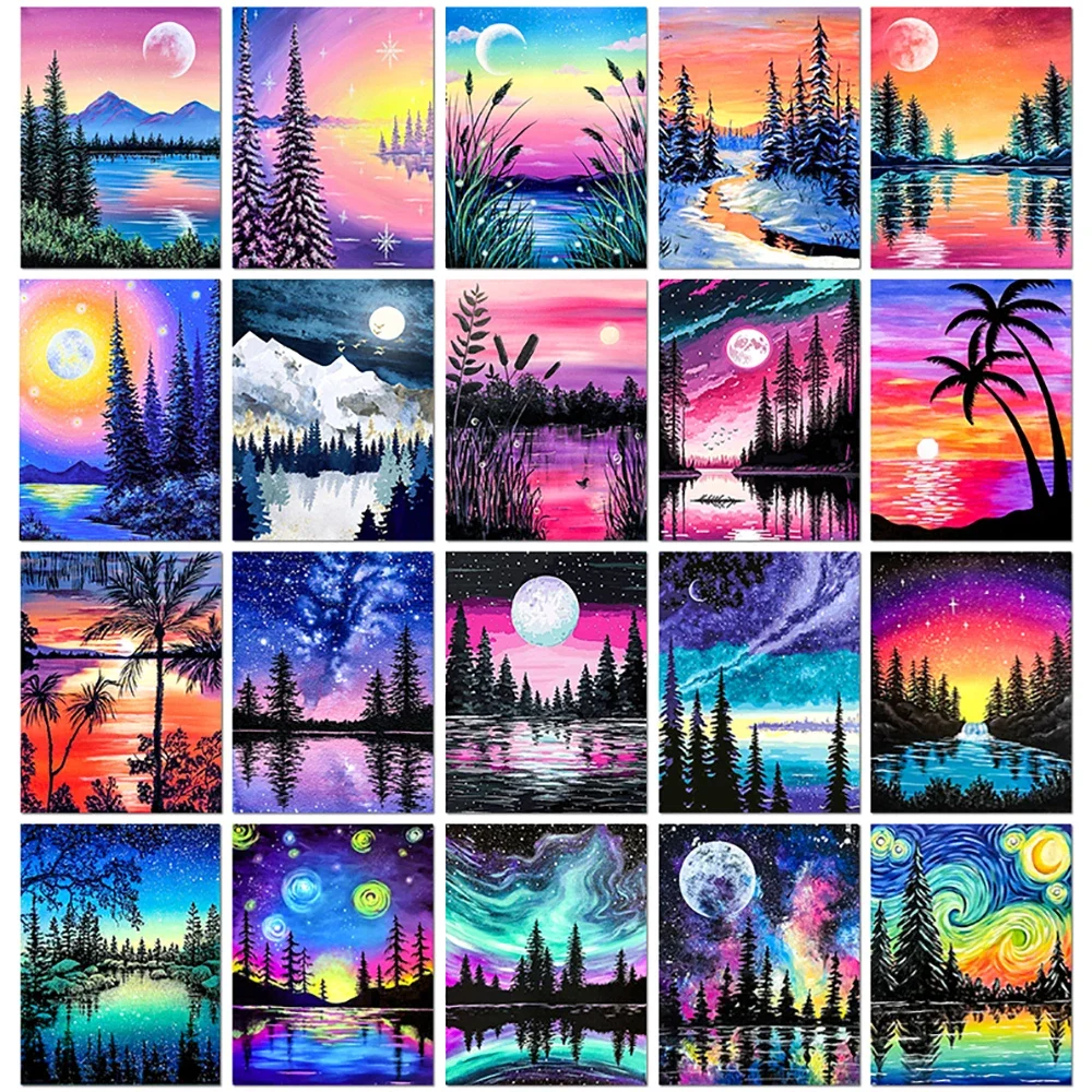 طقم طلاء ماسي على شكل بحيرة غروب الشمس، أضواء شمالية، فسيفساء مرصعة بالألوان المائية، منظر طبيعي لتزيين جدران المنزل، هدية يدوية