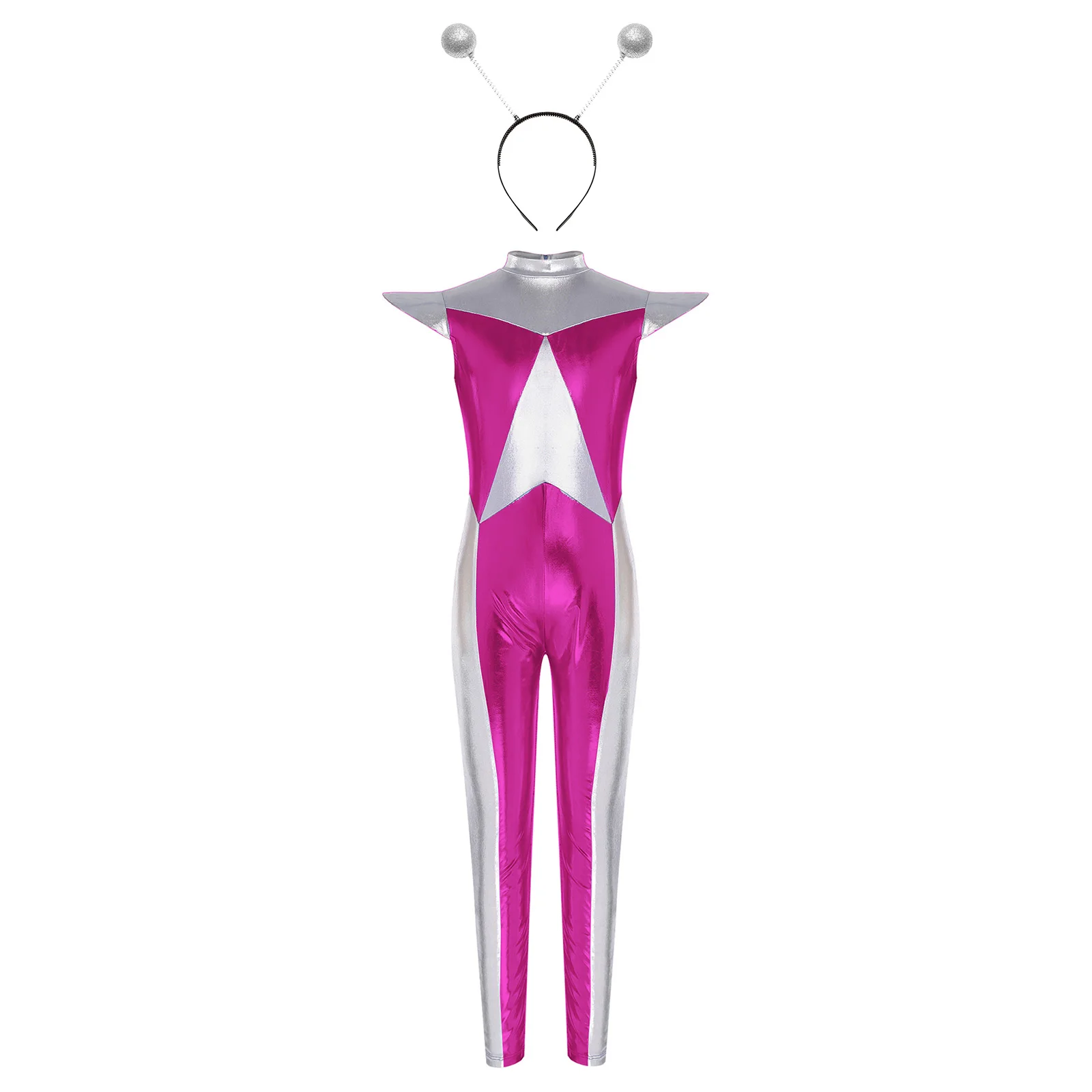 مجموعة أزياء لعب الأدوار الغريبة للأطفال البنات بذلة معدنية ذات ألوان متعددة وطوق شعر كائن فضائي لحفلات الهالوين الفاخرة