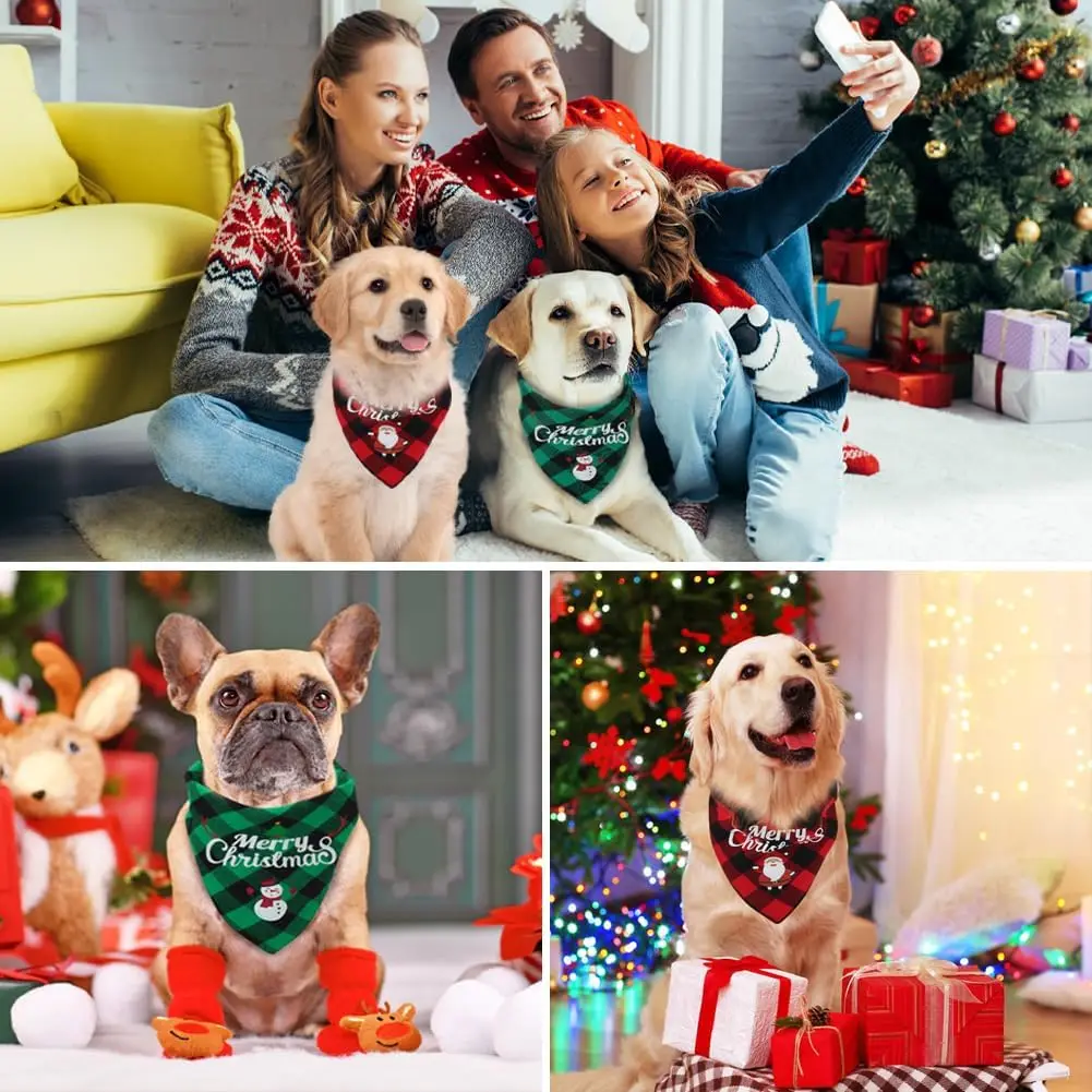 Christmas Dog Bandana, Merry Christmas Plaid Pet Triangle Scarf Bib,Snowman Print Puppy Kerchief for Small Medium Large Dogs