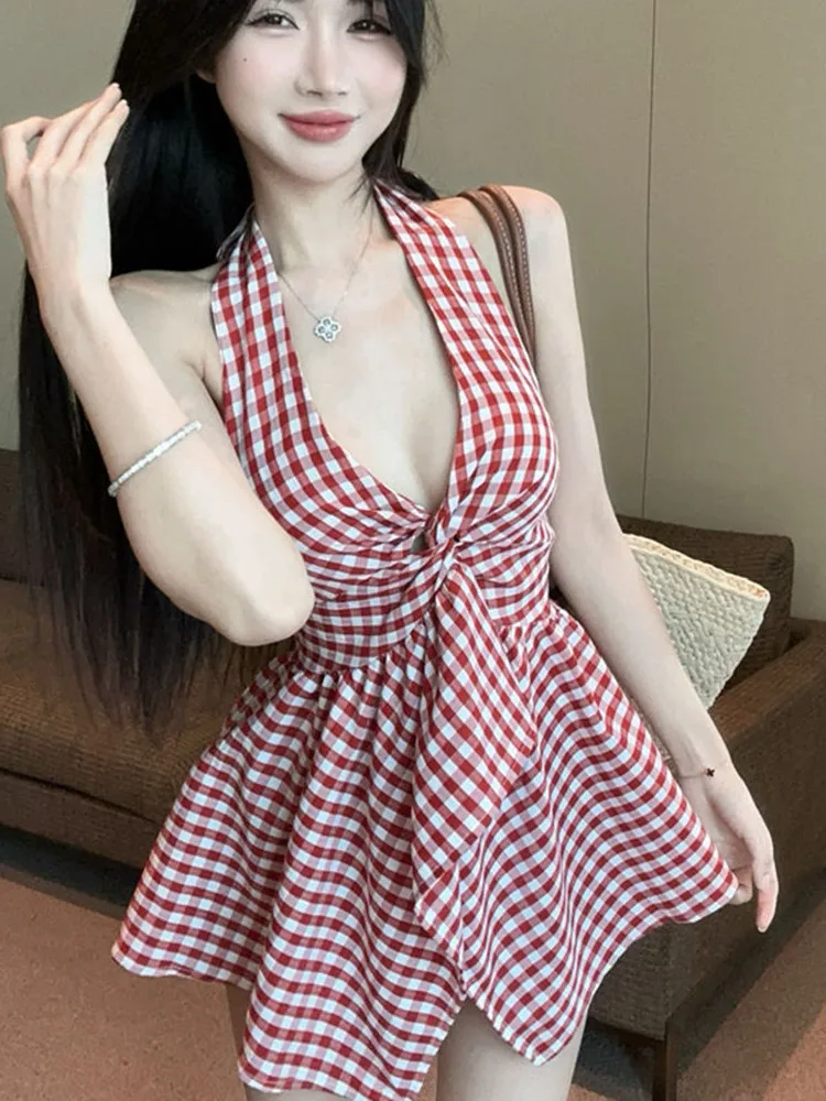 

Новая женская летняя блузка-жилет в корейском стиле с узлом, асимметричным клетчатым узором, открытыми плечами, без рукавов, с завязками на талии