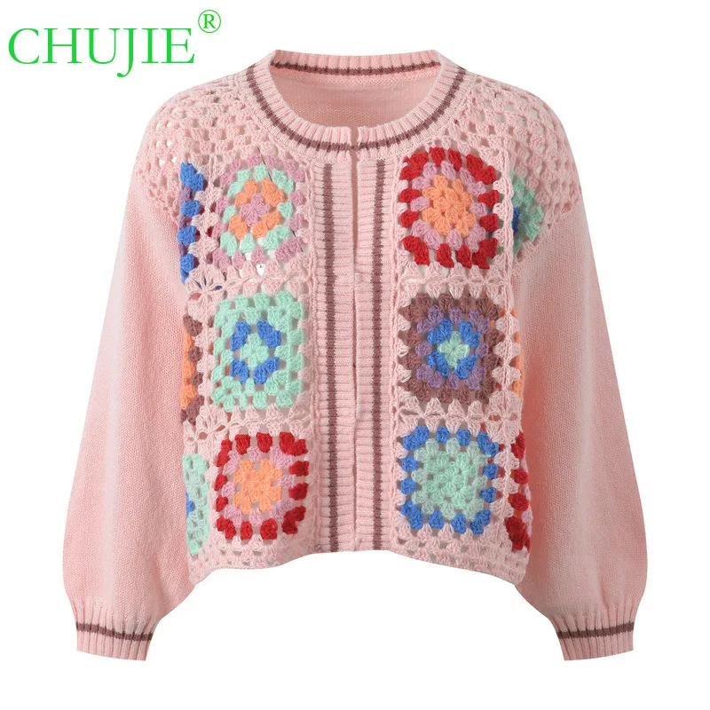 CHUJIE 2025 خريف شتاء جديد كتلة الألوان الجوف اليد الكروشيه موضة تنوعا الحلو الحد من العمر الجولة الرقبة سترة مشغولة من الصوف