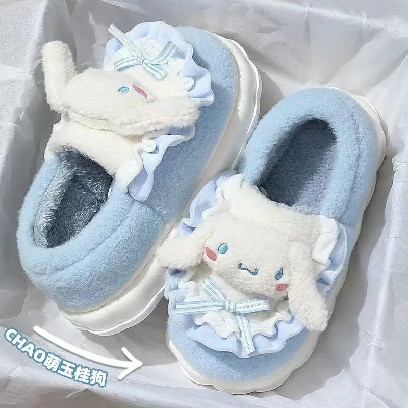 Sanrio Kulomie Winter Plush Warm Women's Cotton Slippers Cute Pudding Dog Bag Heel Platform Non-Slip Home Cotton Shoes