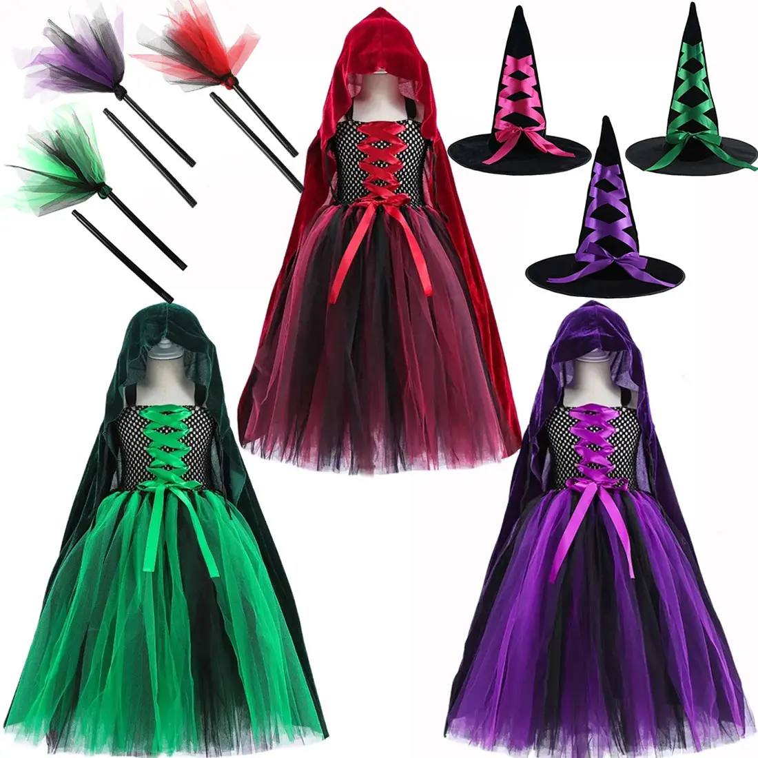 

2024 Halloween Carnival Cosplay Witch Fancy Tricolor Costume Children Infant Adult Child Dress Witch Accessories Hat Broom Set