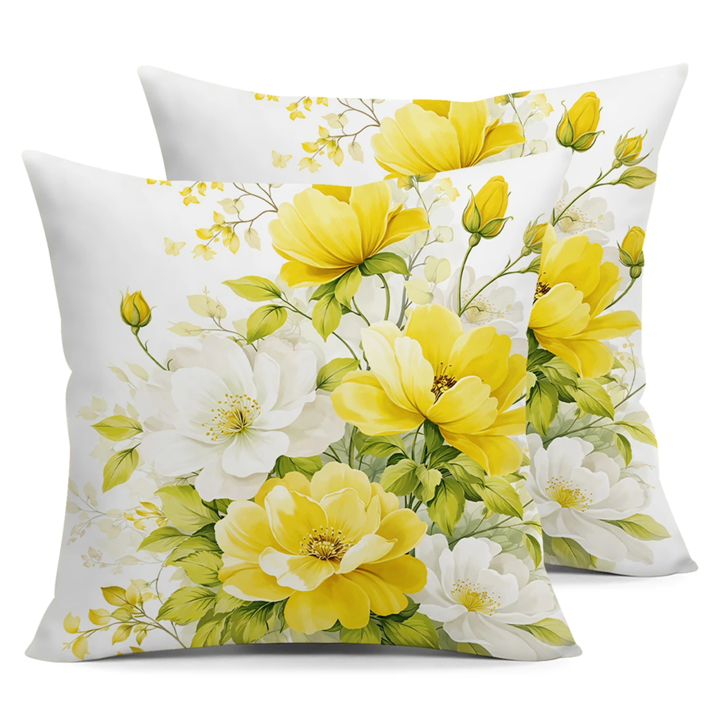 2pcs Yellow White Floral Throw Pillow Covers Spring Botanical Decorative Cushion Cases for Sofa Bedroom Living Room