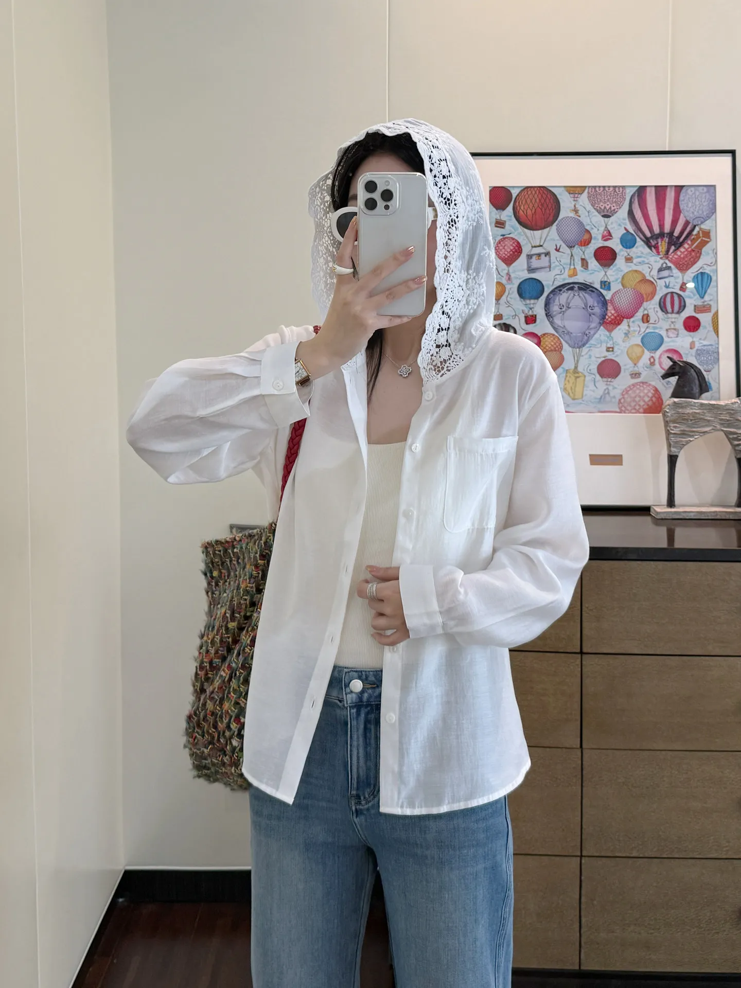 

American Style Long Sleeve Lace Patchwork Hat Women's Summer Design Sun Protection Shirt Loose Outer Shirt Coat Casual Style
