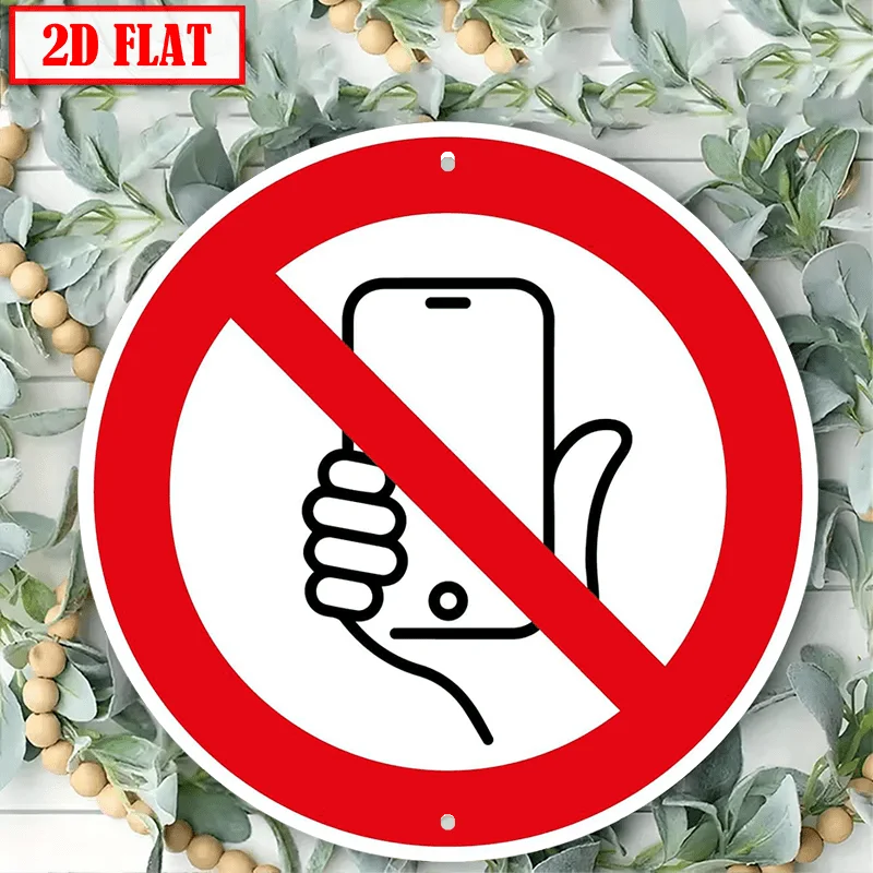 2D Flat, Single Round Aluminum Decorative Sign, Indicating That The Use of Mobile Phones Or Smartphones Is Not Allowed, Suitable