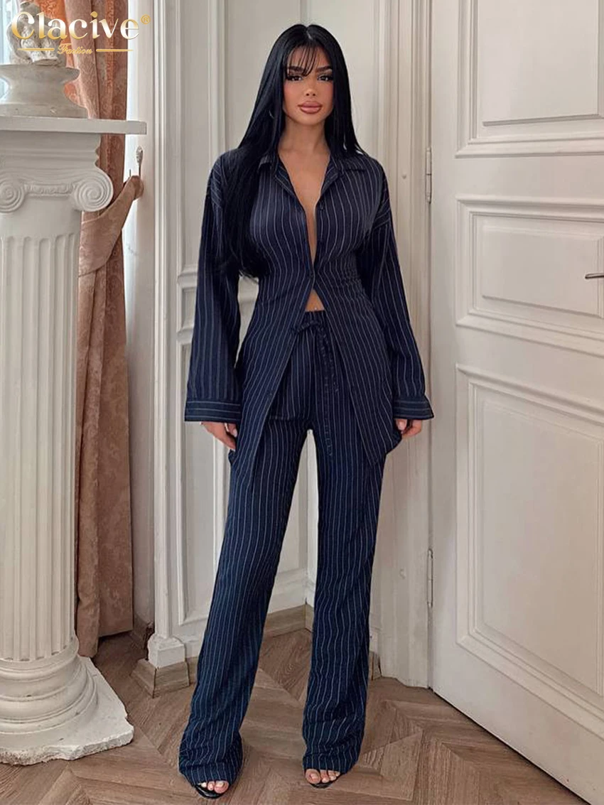 

Clacive Fashion Slim Stripe Print 2 Piece Sets Woman Outfit Sexy Long Sleeve Shirt With High Waist Pants Set Female Streetwear