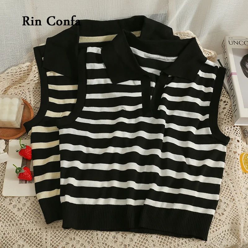 

Rin Confa Sleeveless All-Match Pullover Tops Summer Turn-down Collar Casual Striped Tops Women Loose Thin Knitting Waistcoat