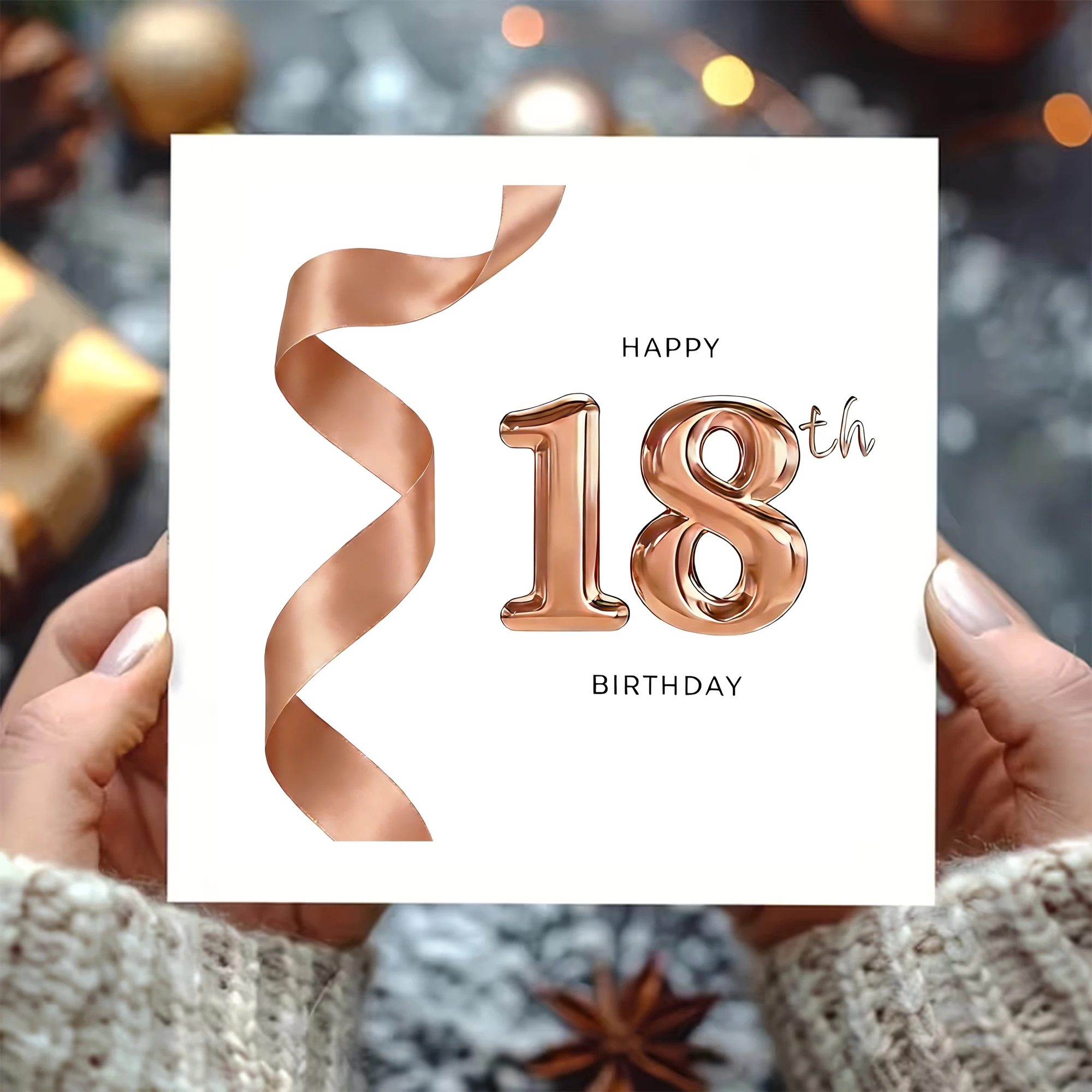 Karte zum 18. Geburtstag mit Umschlag – weißes quadratisches Grußkarten-Set, 2-teilige Karte und Umschlag-Kombination aus Roségold mit Bandmotiv für den 18. Geburtstag