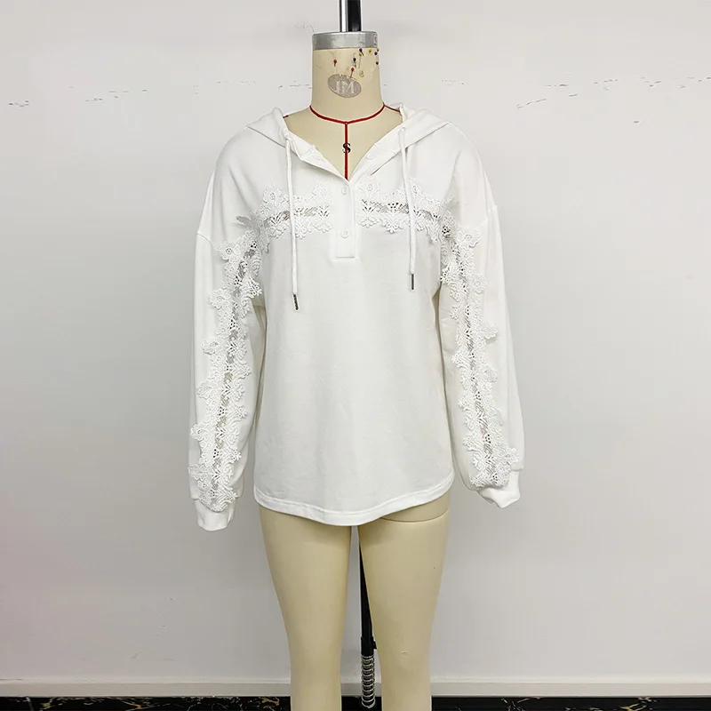 Benuynffy الأبيض الدانتيل تقسم الرباط هوديس امرأة جديدة 2025 الخريف زر كم طويل فضفاض عادية المرأة البلوز
