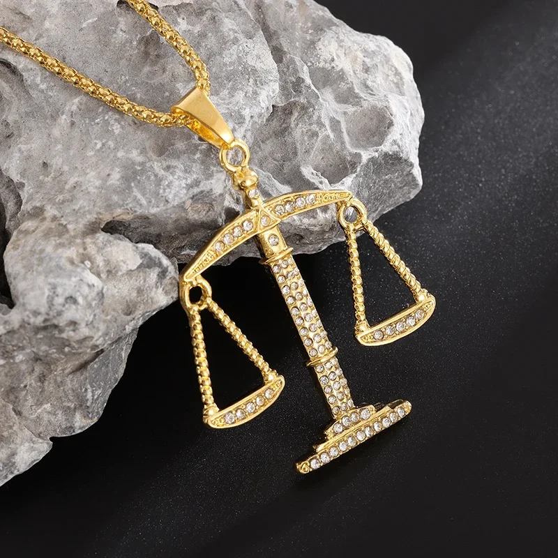 Iced Out Scales of Justice Pendant Bling Cubic Zirconia Libra Necklace Men Women Punk Hip Hop Rock Party Jewelry