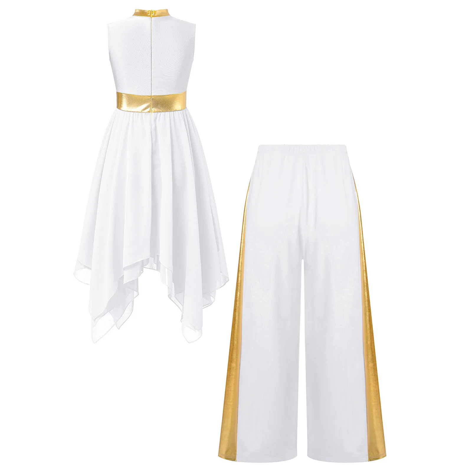 أطفال بنات الليتورجية الثناء الرقص مجموعات معدنية المرقعة أكمام غير متناظرة هيم فستان الكنيسة الغنائية مع بنطال ذو قصة أرجل واسعة