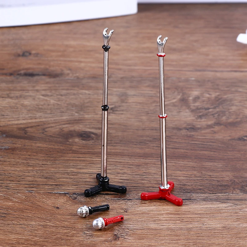 Mini modelo de micrófono de casa de muñecas con soporte, instrumentos musicales, muebles, accesorios para muñecas, juguetes de juego de simulación
