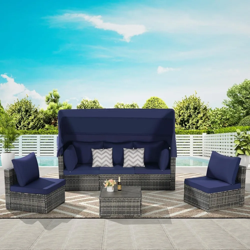 

Patio Furniture Set Daybed with Table & Retractable Canopy, Wicker Rattan Outdoor Conversation Set with Soft Cushions, Outside S