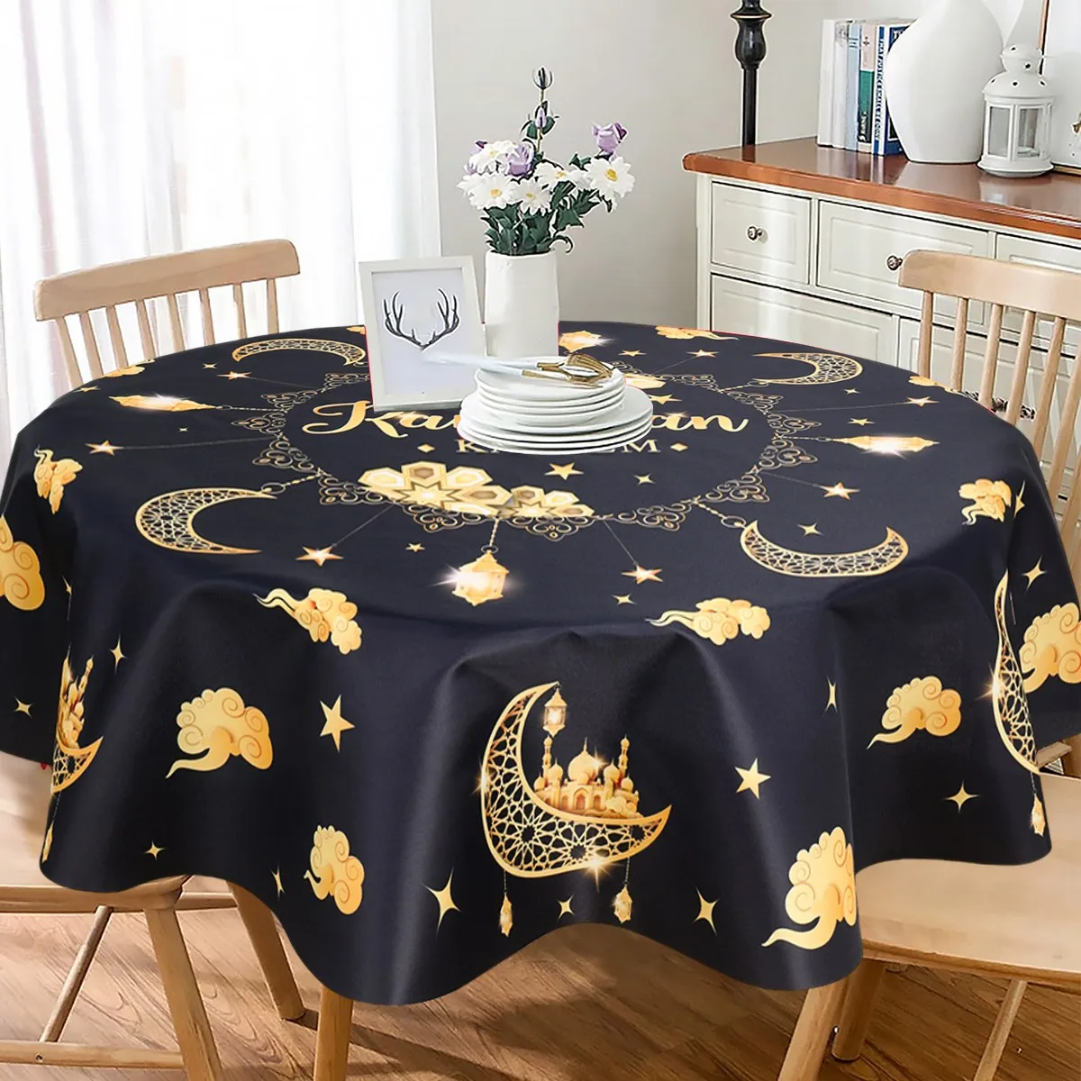 150cm Polyester Round Waterproof Cover Table Decor Eid Mubarak Restaurant Decoration Tablecloth Ramadan Home Decor Islamic Art